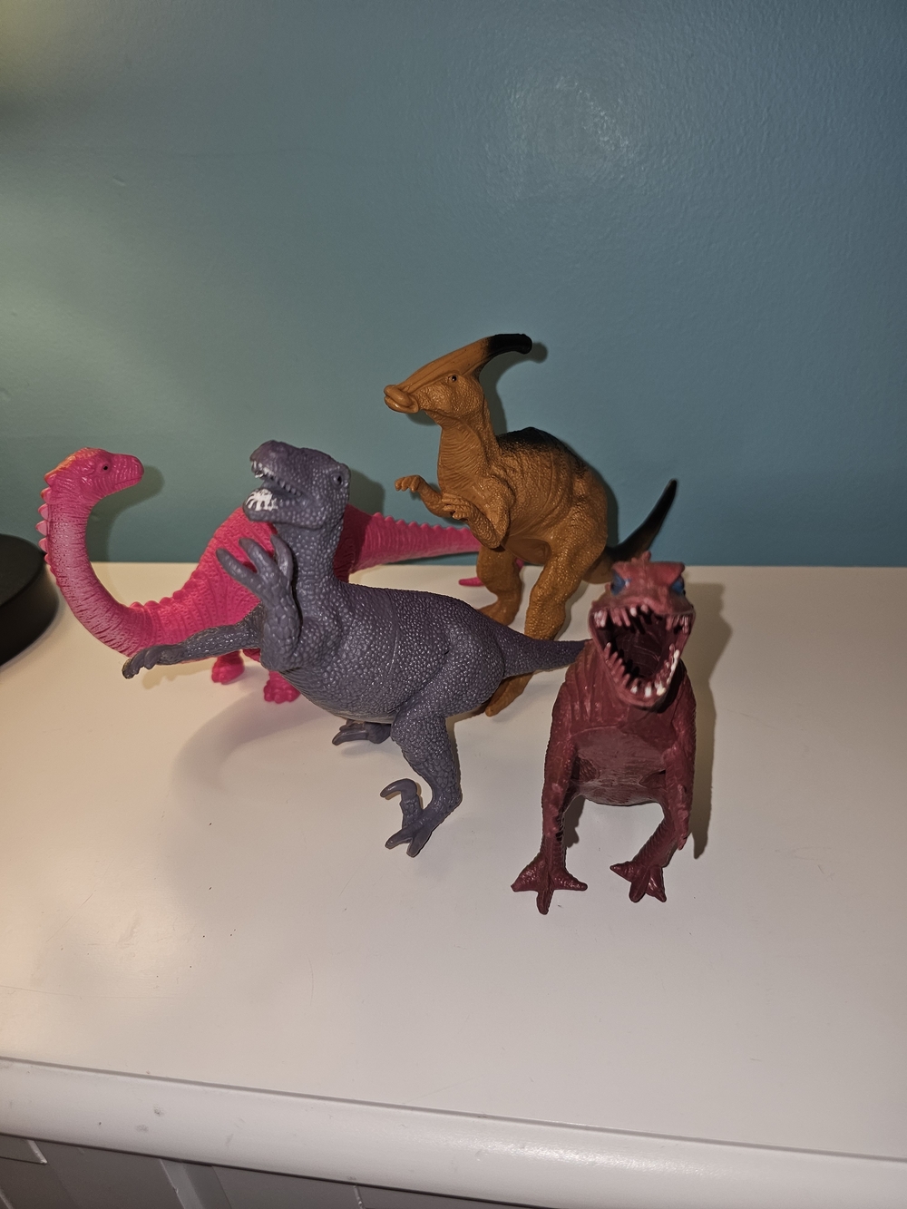 Set of 4 Colorful Dinosaur Figurines - Pink, Purple, Brown, Rust - T 3